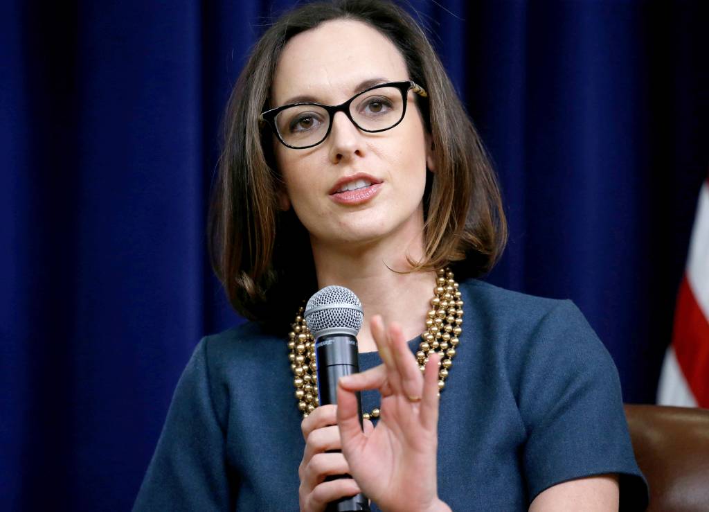 Justice Department spokeswoman Sarah Isgur Flores participates in a forum called Generation Next at the Eisenhower Executive Office Building in Washington